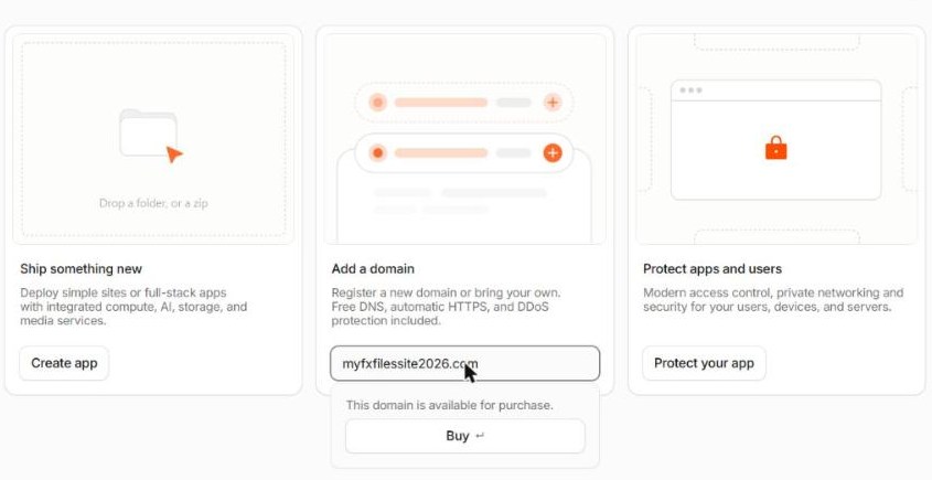 Cloudflare account home. A card titled 'Add a domain' contains a text box with a domain typed in it, and below it the message 'This domain is available for purchase.' with a Buy button.