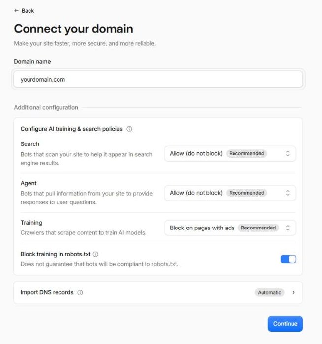 Cloudflare 'Connect your domain' page with the domain name filled in, a section of AI training and search policy dropdowns left at their recommended values, an 'Import DNS records' row set to Automatic, and a Continue button.