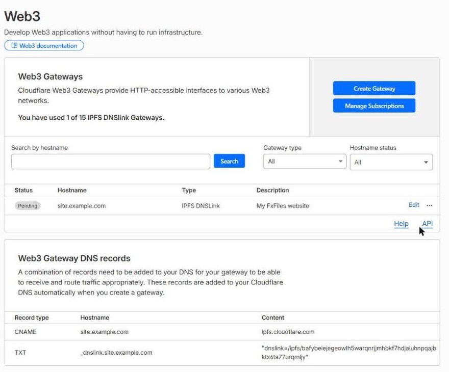 The Web3 page after deploying. A table row shows the new gateway with status Pending, the hostname, type IPFS DNSLink and its description, plus Edit. Below, a 'Web3 Gateway DNS records' table lists a CNAME pointing to ipfs.cloudflare.com and a TXT record named _dnslink with the dnslink value.