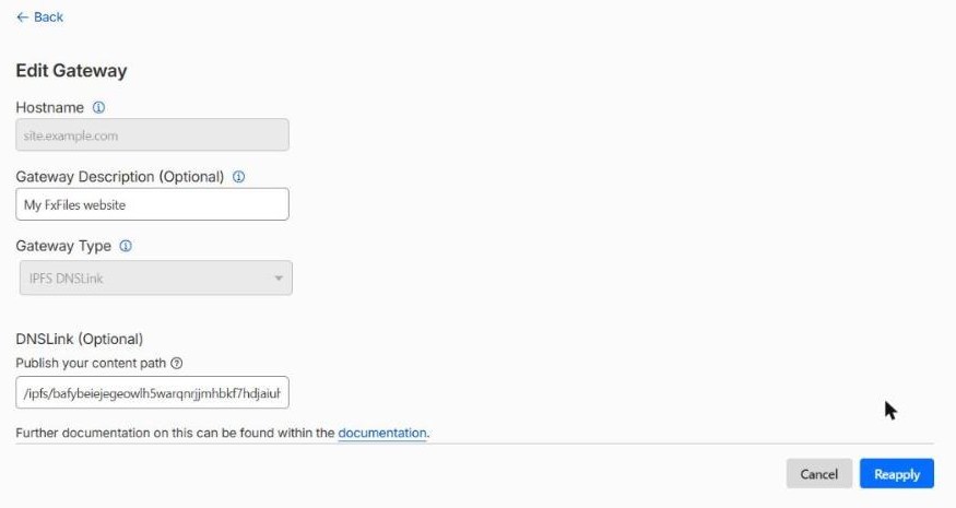 The Edit Gateway form. Hostname and Gateway Type are greyed out and cannot be changed. The description and DNSLink fields are editable, and the button at the bottom right reads Reapply.