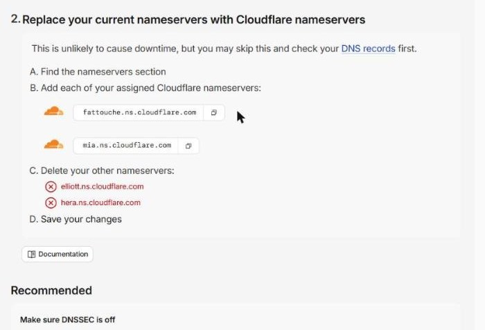 Cloudflare overview page for a pending domain. Step 2, 'Replace your current nameservers with Cloudflare nameservers', lists two assigned nameservers each with a copy button, and below that a list of current nameservers to delete. A 'Make sure DNSSEC is off' recommendation appears underneath.