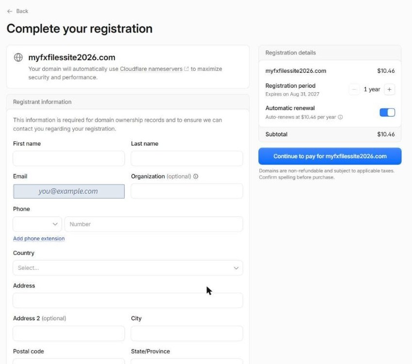 Cloudflare 'Complete your registration' page showing the domain, a registration period of 1 year, automatic renewal switched on, a subtotal, and a form for registrant name, email and address.